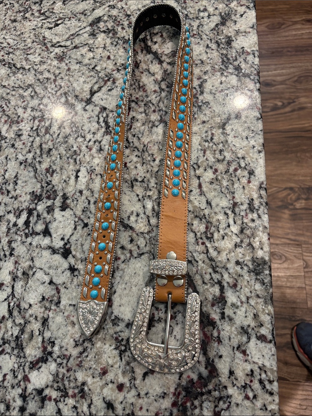 Source Unknown Tan Belt with Turquoise Studs and Silver Buckle